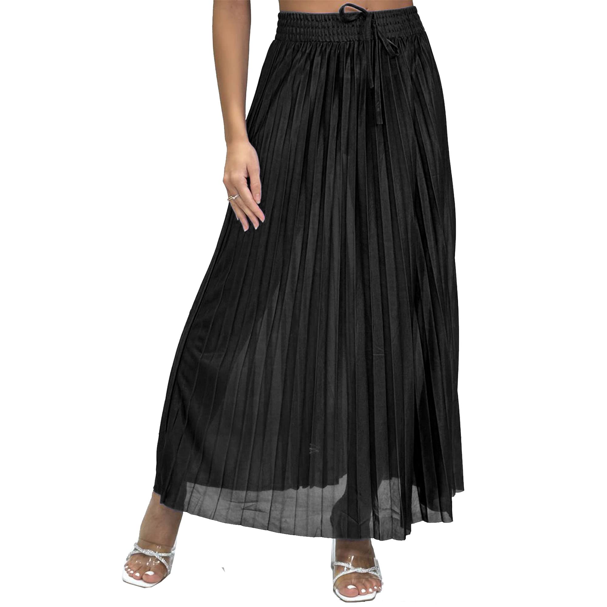GenericWomens Pleated Satin Flared Summer Maxi Skirt