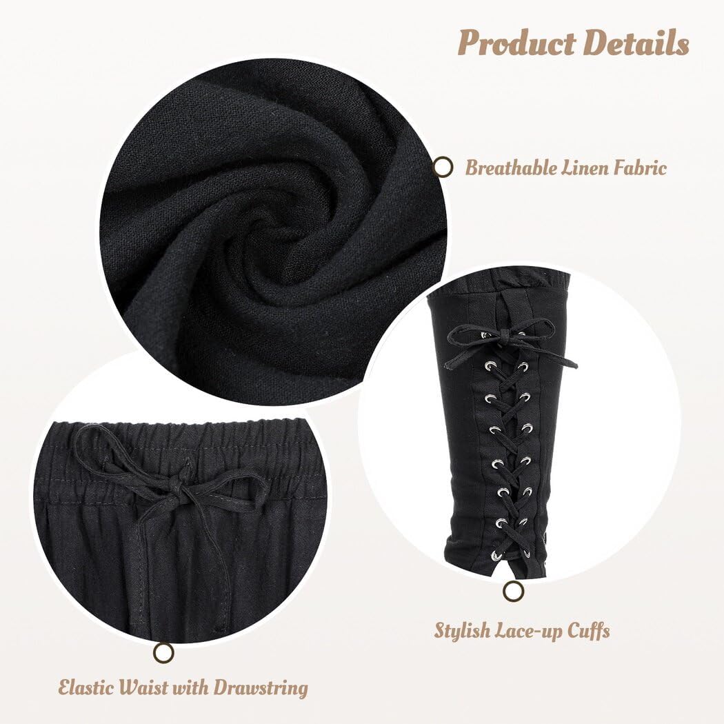 BOSREROY Gothic Trousers for Men, Navigator Pirate Renaissance Pants, Costume Cosplay Viking Mens Medieval Ankle Bands, Halloween Men Pants Cuffed