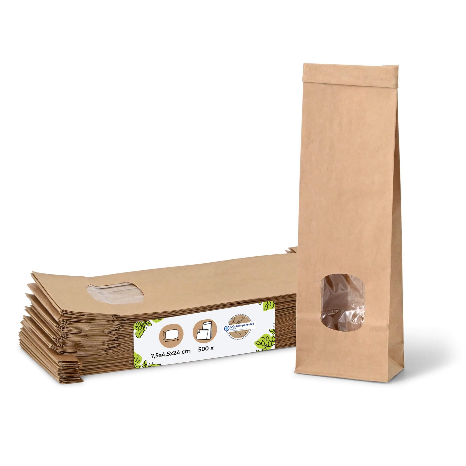 Sacchetto a fondo quadro XS con finestra e chiusura a clip 500 pezzi I sacchetti di carta Kraft marrone con finestra trasparente e rivestimento in PP I sacchetti per biscotti, dolci ecc.