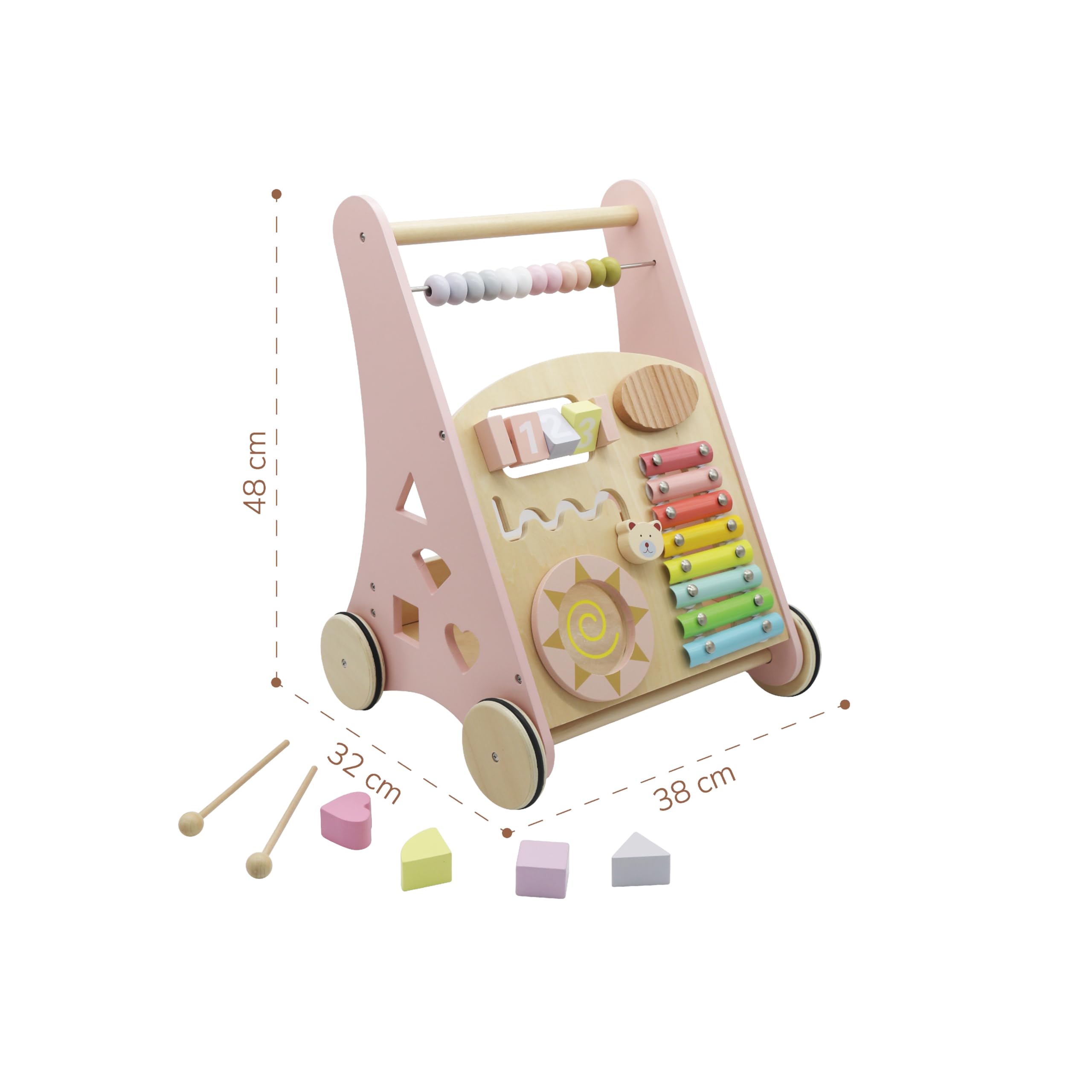 Buddy Baby Montessori- Wózek dziecięcy drewniany - Wózek biegowy do pierwszych kroków z zabawkami i zajęciami - Wózek spacerowy dla dziecka +12 miesięcy (Laponia/Róża)