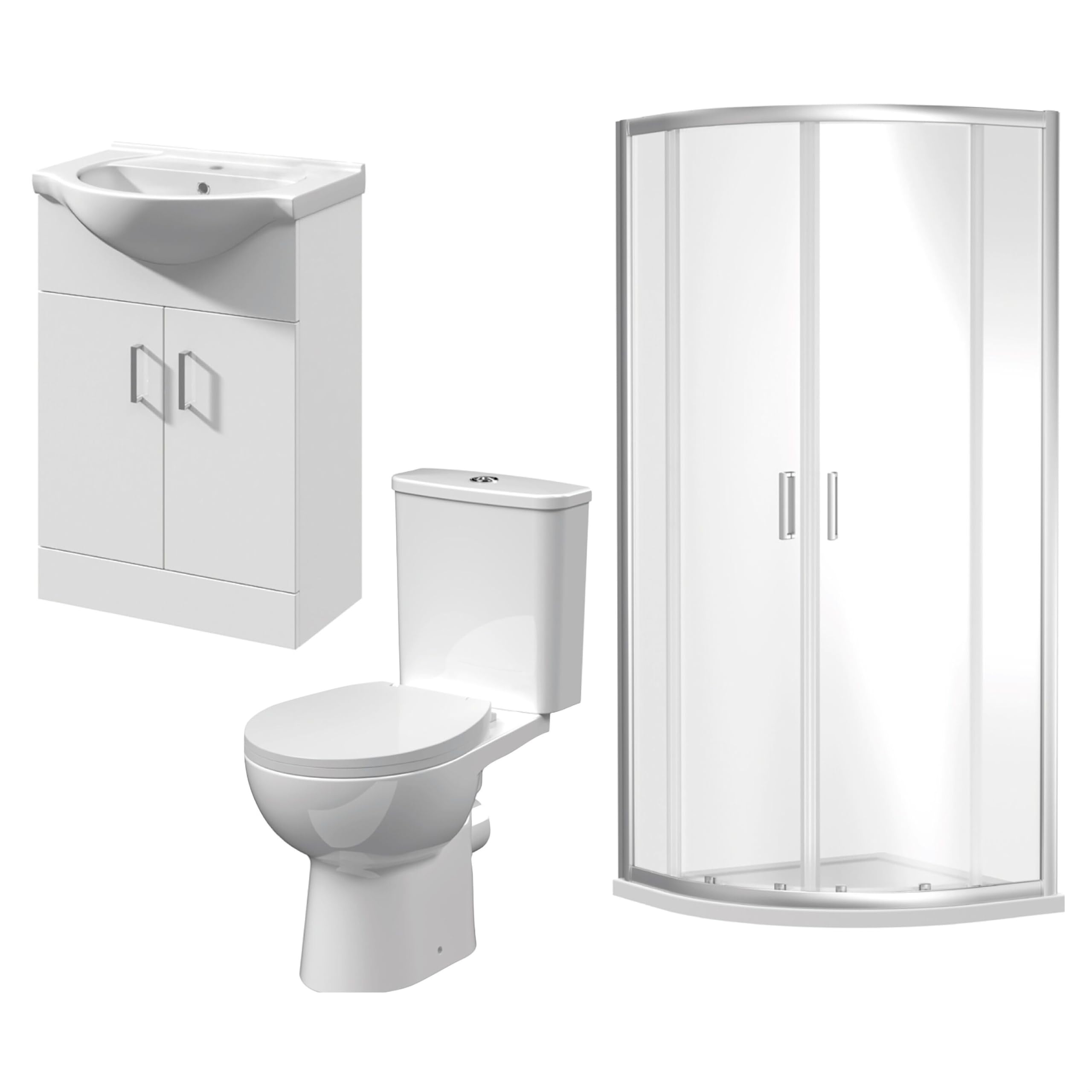 Balterley White Quadrant Shower Enclosure With Shower Tray, Toilet & Vanity Unit, Bar Handle Sliding Glass Door With Quadrant Tray, Round Rimless Toilet, Seat & Cistern, 2 Door Vanity Basin Unit