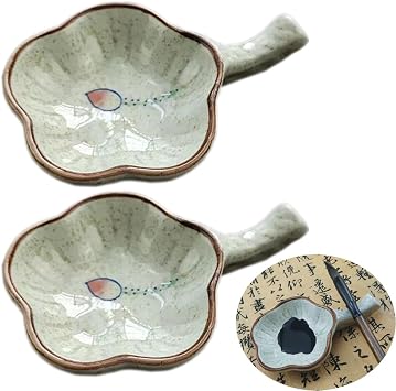 2 Pcs Multifunctional Inkwell Dish Porcelain Handmade Ink Well Inkstone with Brush Holder for Chinese Japanese Calligraphy Painting PracticeLotus