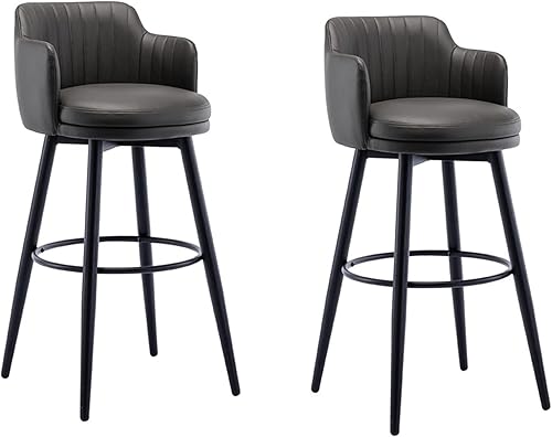 Juego de 2 taburetes de bar giratorios modernos con Brazos, asientos de cuero napa, patas de metal negro y reposapiés, sillas de isla de cocina de