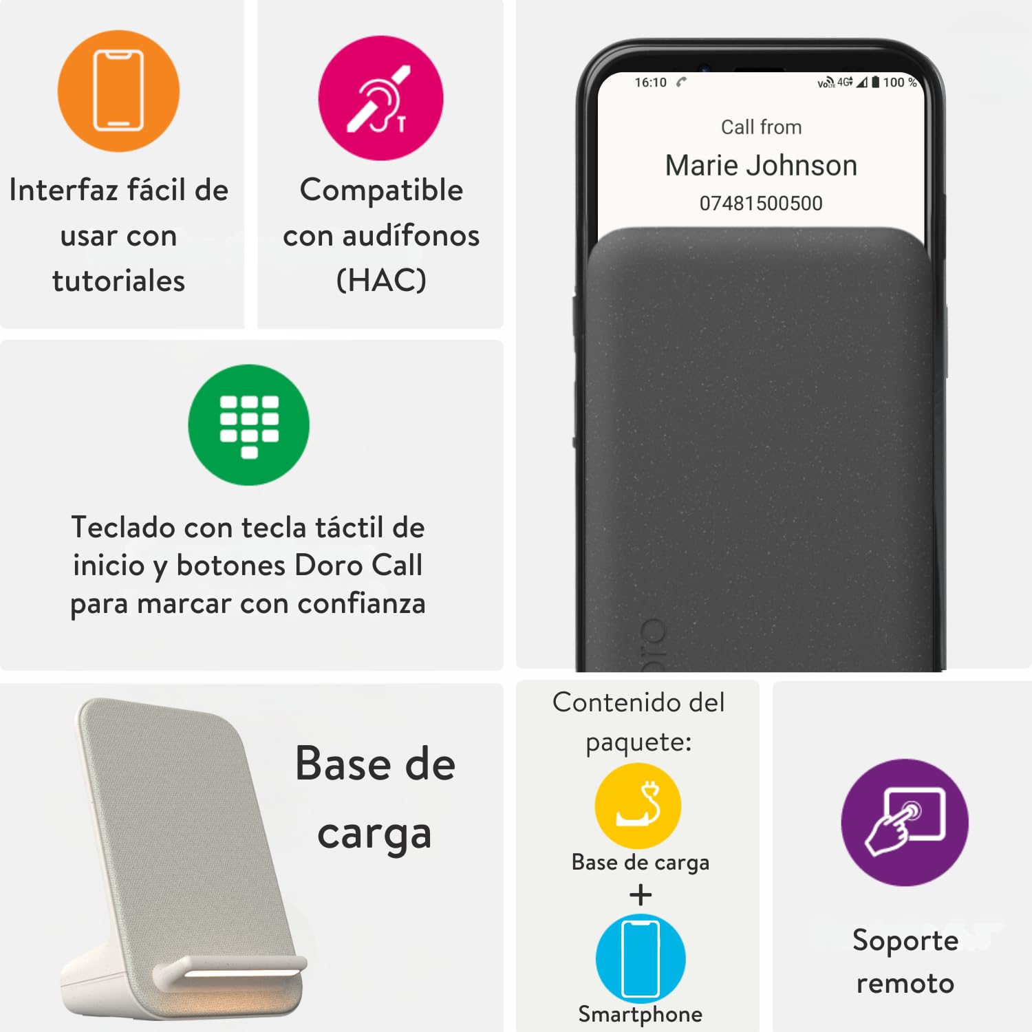 Doro - Pack Smartphone Aurora A20 - Base de Carga inalámbrica - Teléfono móvil con Tapa para Personas Mayores - Botón de Asistencia - GPS - Compatible con audífonos - Cable USB Incluido - Grafito