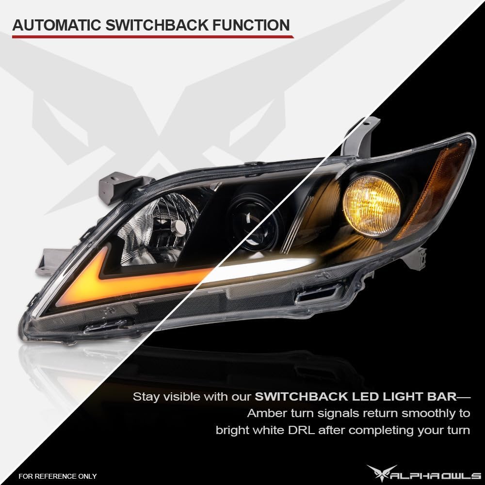 Alpha Owls Switchback Sequential LED Projector Headlights|Compatible With 2007-2009 Toyota Camry|8737828|Black Amber