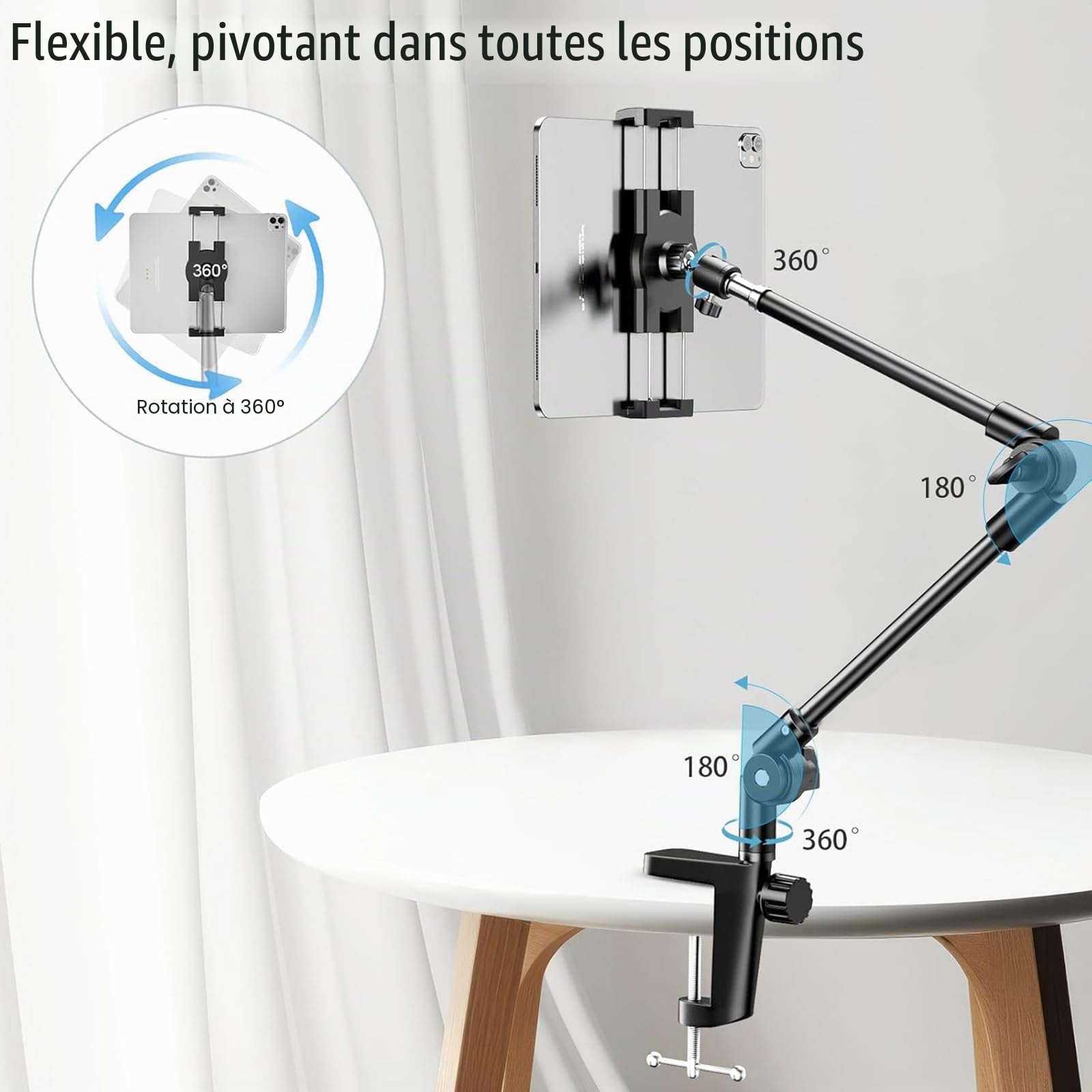 Support de Tablette avec Trépied à 360° pour Téléphone, iPad, 68,6 cm long bras pour webcam, projecteur, caméra pour bureau, pour les appareils de 4,7”-13", iPad Pro 12.9 Air Mini, Galaxy Tabs; Nexus