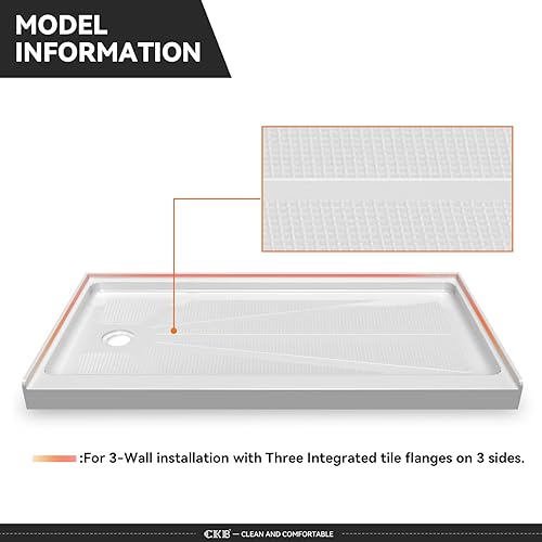 Miniatura 5 de CKB Base de ducha de umbral único de 60 pulgadas de largo x 36 pulgadas de ancho, bandeja de ducha de drenaje izquierdo con superficie texturizada