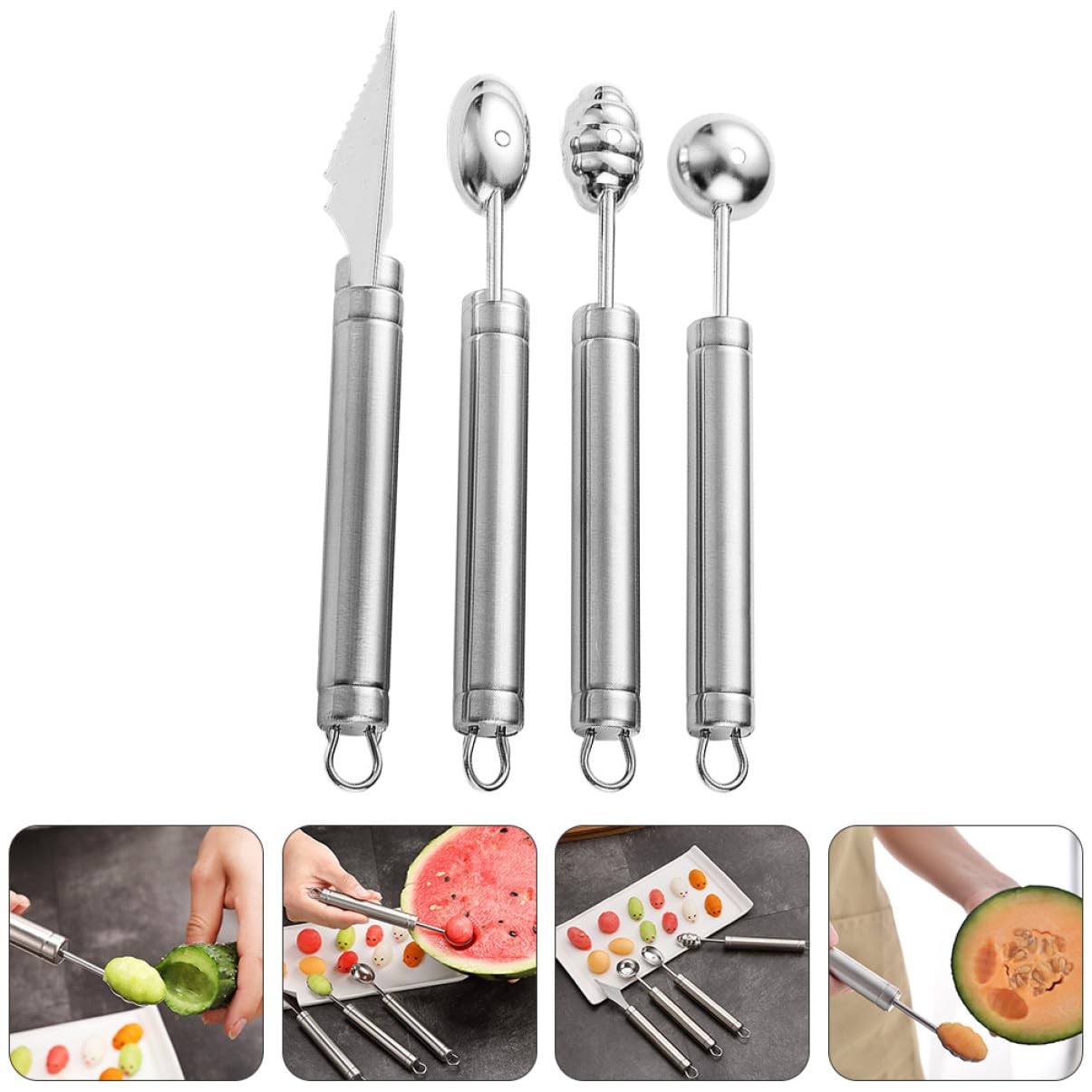 4 Stück Obstausstecher aus Edelstahl für Melonen, Silber | Kugellöffel für Obst, 304 Stück Edelstahl, Angenehmer Griff, Einfache Handhabung, für Küche und Dessert
