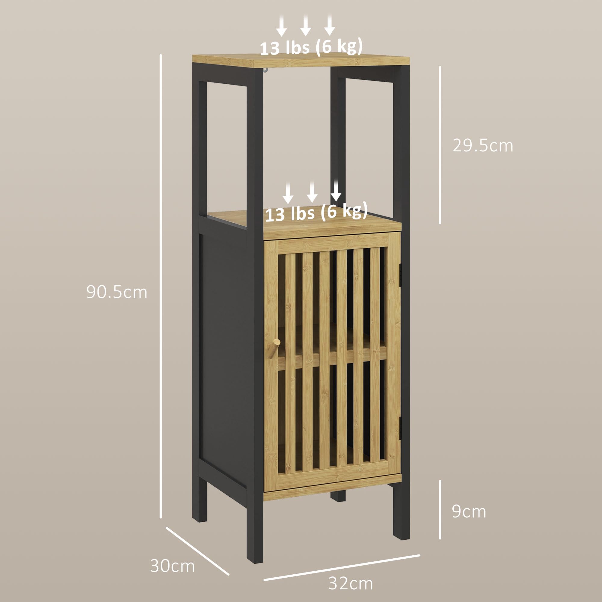 HOMCOM Mobiletto Bagno Salvaspazio con Ripiano Aperto e Armadietto con Ripiano Regolabile, Mobile da Bagno in MDF e Bambù, 32x30x90.5 cm, Nero e color Legno