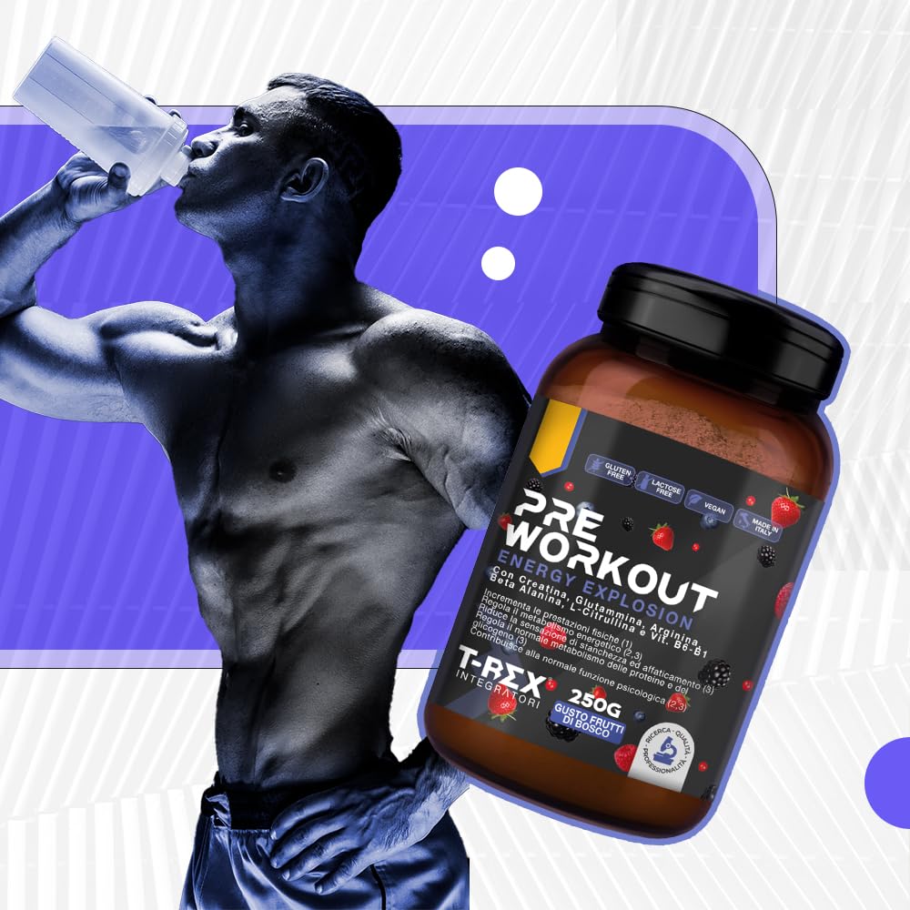 T-Rex Integratori Pre Workout, Energy Drink Potente con Creatina Monoidrata, Citrullina, Taurina, Arginina, Beta Alanina e Vitamine - Senza Caffeina, 250 g (250 g (Confezione da 1), Frutti di Bosco)