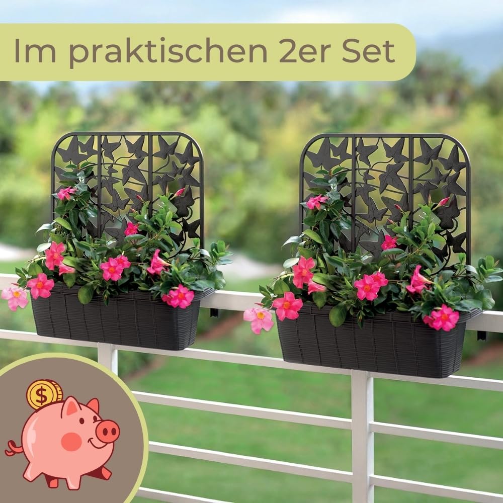 GarPet 2er Set Blumenkasten Balkon Balkonkasten mit Spalier Pflanzkasten mit Wasserspeicher Blumenkasten Geländer Kasten Balkongeländer Geländerkasten 60 cm Rattan Anthrazit