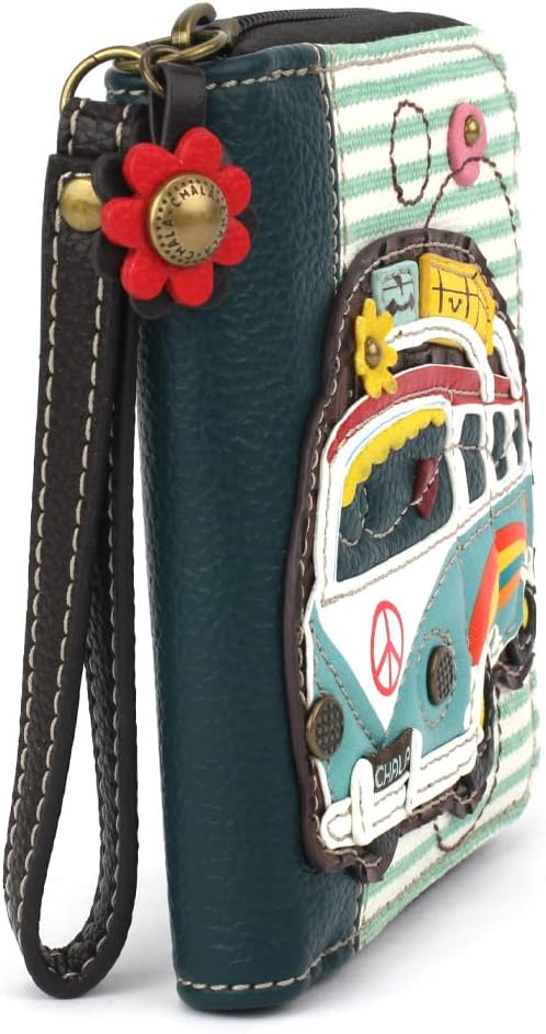 CHALA Zip Around Wallet, Wristlet, 8 Credit Card Slots, Sturdy Pu Leather - Bus - teal stripe