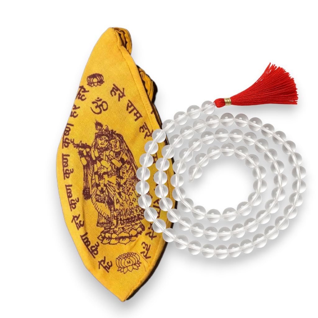 KC PRODUCTS Clear Crystal Quartz Rosary Sphatik Jaap Mala 108+1 Beads with Jap mala Bag, Gomukhi,Prayer Beads Bag, Chanting Prayer Bag, Hindu Prayer Bag, Meditation Bag, jhola [Pack of 1]