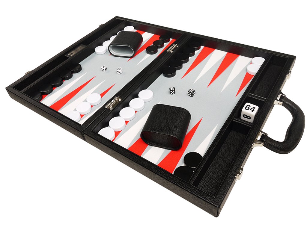 Silverman & Co. Zestaw Premium Backgammon 40 cm - średni rozmiar - czarna deska, białe i szkarłatne czerwone punkty
