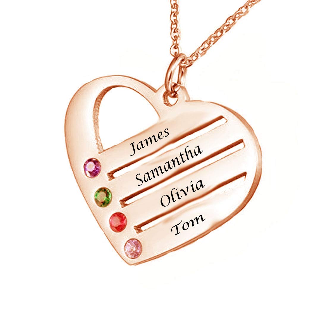 My Name ChainPersonalised Engraved Heart Pendant 4 Names Birthstones Necklace Rose Gold Plated Jewellery - Engraved Free UK STOCK