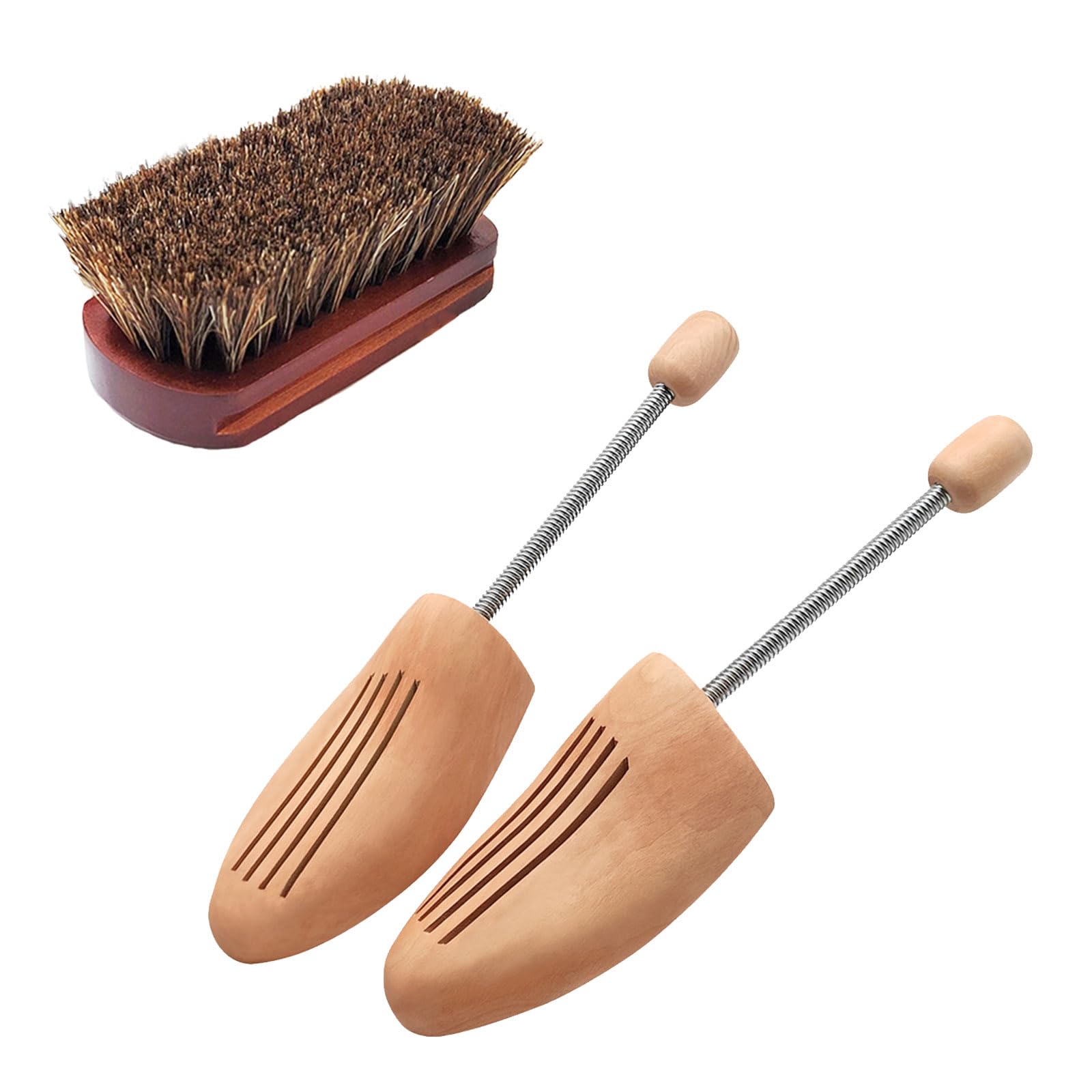 Árboles de madera para zapatos (paquete de 2) con cepillo de crin de caballo, estiradores de zapatos ajustables para hombres y mujeres para mantener la forma y reducir las arrugas, kit de