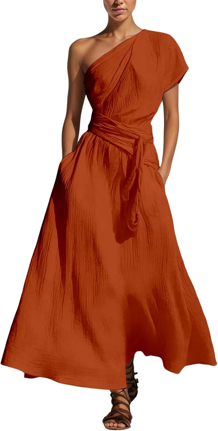 Long Sundresses for Womens Summer Shoulder Neckline Ruffle Maxi Dress Waist Tie Flowy Casual Formal Dress Beach