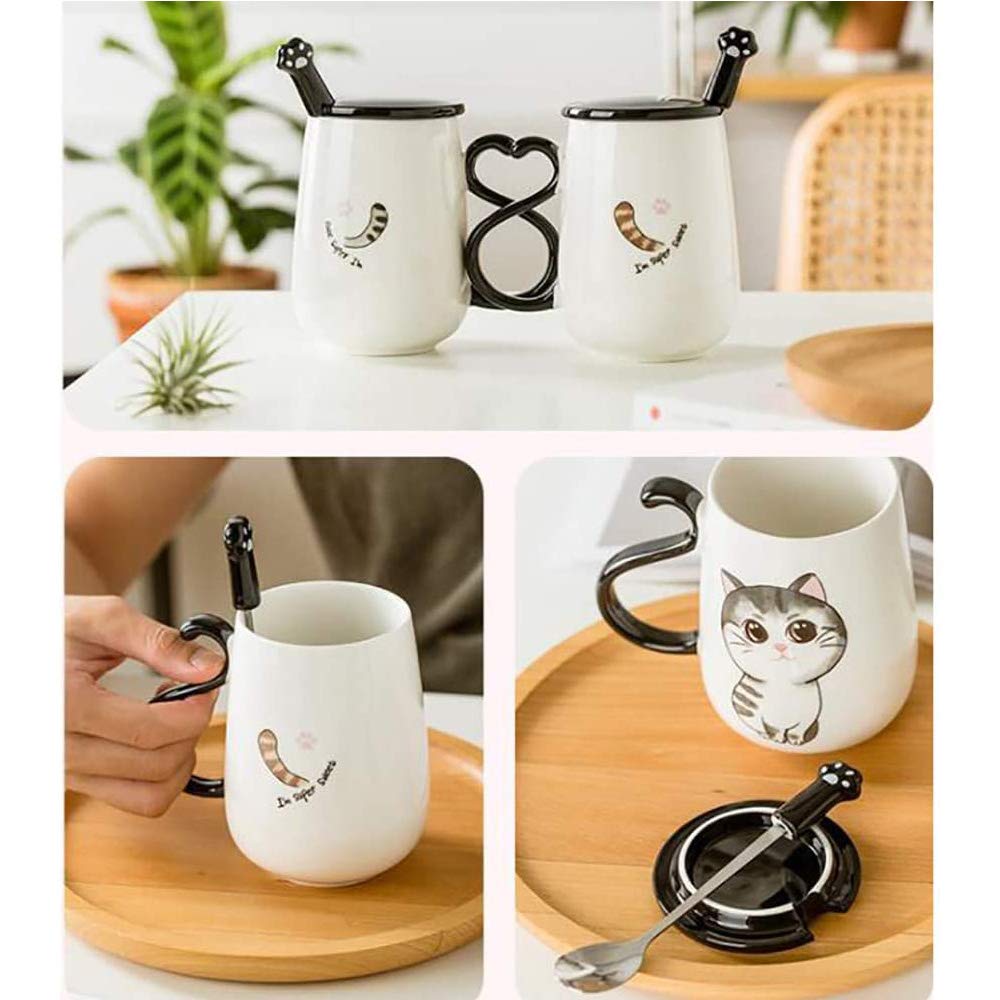 ZHOUXIAO Simpatica Tazza in Ceramica di Gatto con Coperchio e Cucchiaio, Tazza in Ceramica per caffè, Coppie Tazza da caffè per tè al Latte per Ragazze, Tazza da Viaggio in Ceramica Manico (F)
