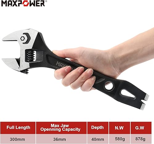 Miniatura 6 de MAXPOWER Llave ajustable de 12 pulgadas, llave de demolición multifuncional 3 en 1 con cara de martillo y barra de palanca de extremo funcional