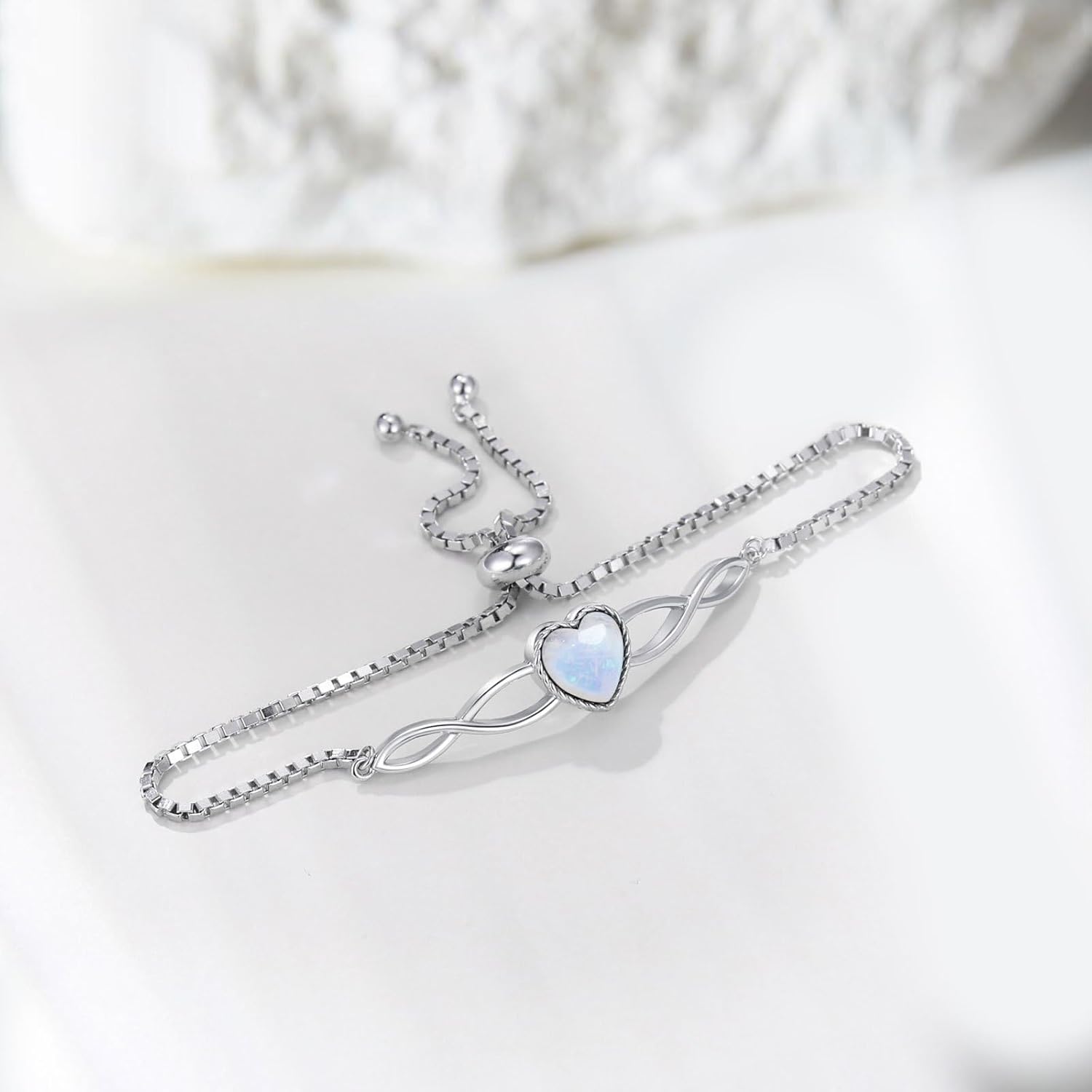 Natural Moonstone Heart Adjustable Bracelet for Women 925 Sterling Silver Infinity Box Chain with Blue Moonstone June Birthstone Jewelry - Image 4