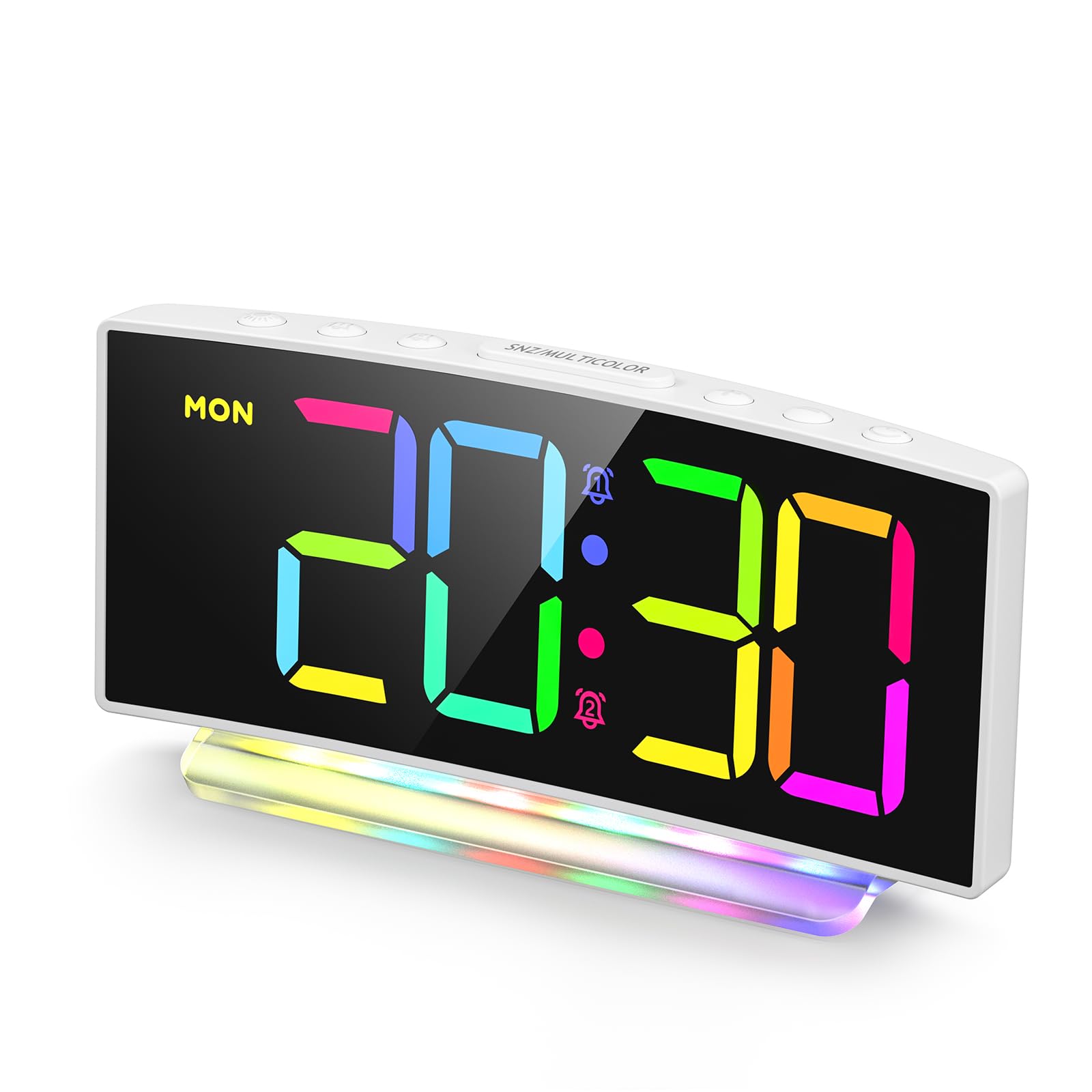 HERMIC Sveglia da Comodino, Sveglia Digitale con Display 8 Colori, Snooze, 2 Allarmi, 4 Livelli di Luminosità, Luce RGB 7 Colori, Volume Adattabile, Alimentato da rete (Adattatore Incluso)