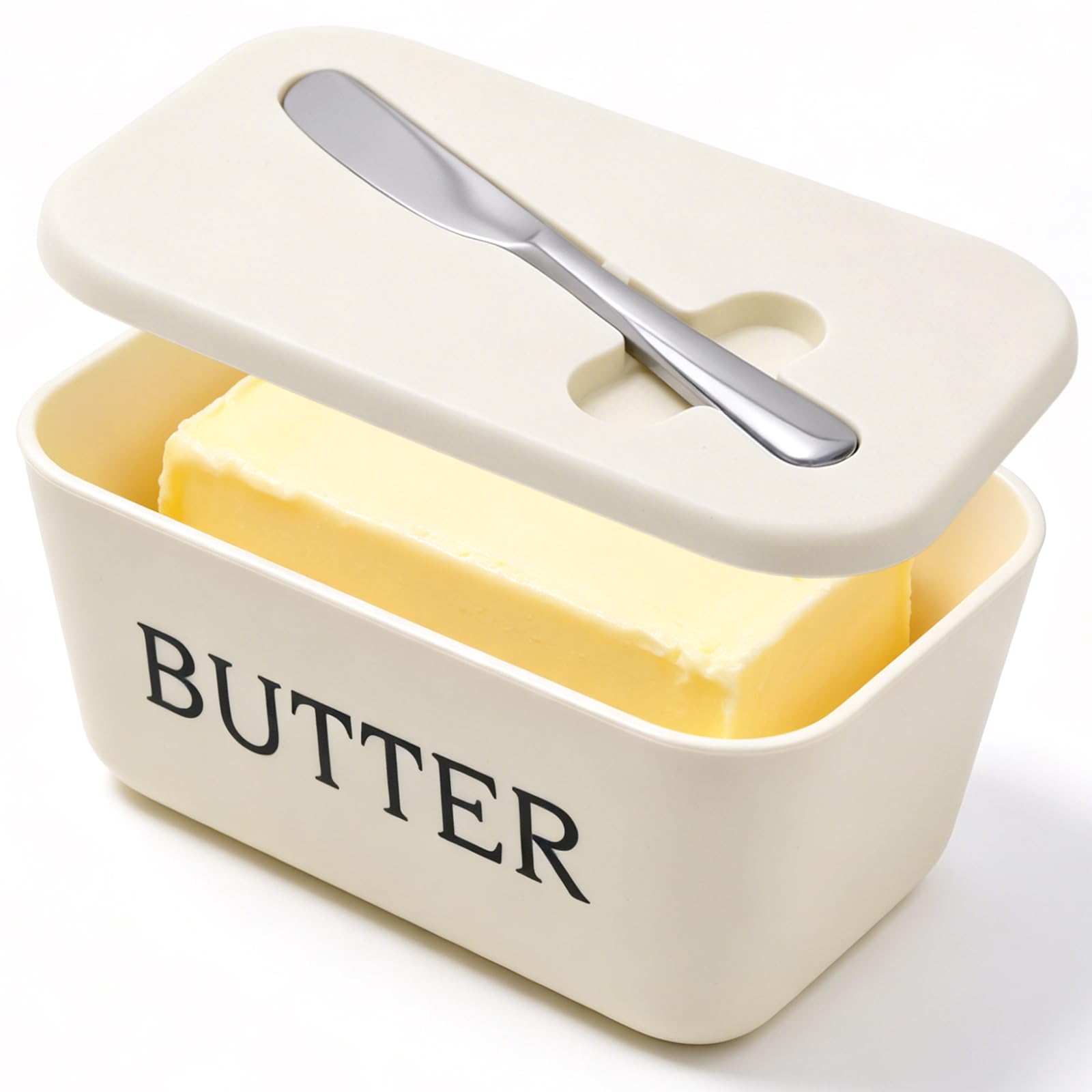 Butter Dish with Lid, Food Grade PP Large Container with Stainless Steel Knife for Kitchen Countertops, Butter Dishes with Lids