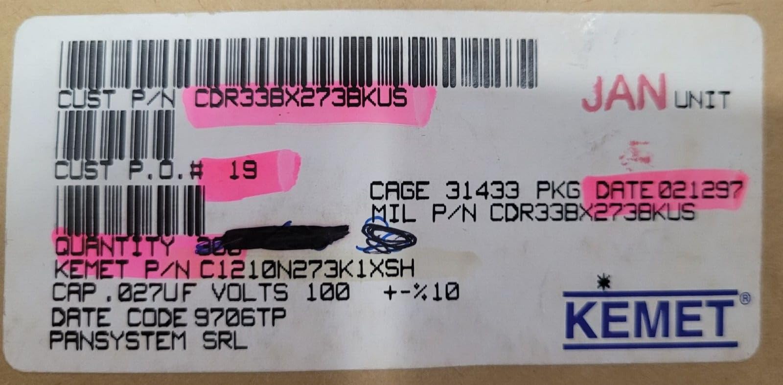 (1 PC) CDR33BX273BKUS KEMET Compatible with CAP CER SMP MLC HI-REL