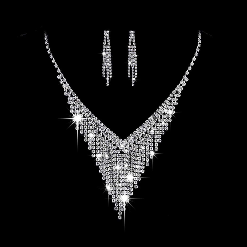 Barode Bridal Wedding Necklace Earring Set Silver Shiny Rhinestone Necklaces Bride Crystal Jewelry Accessories for Women and Girls (B083DCLM7C) Amazon Price History, Amazon Price Tracker