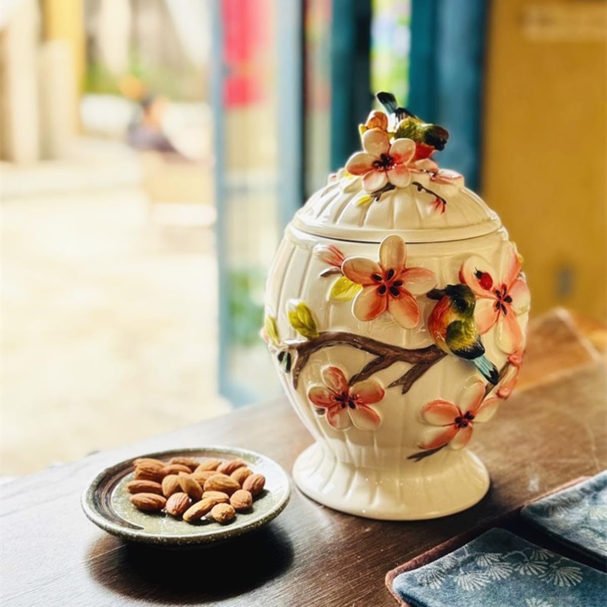 Ceramic Food Storage Containers with Lids, 3D Hand-painted Magnolia Flower and Bird for Home Kitchen Countertop Decorative Collection Jars