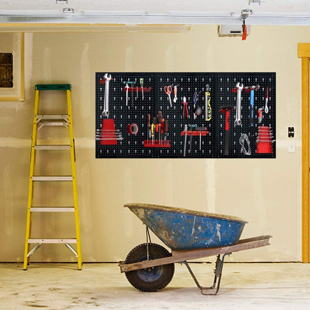 LARS360 Parete degli attrezzi, 3 pezzi, lamiera forata, in metallo, set di ganci da 17 pezzi, dimensioni 120 x 60 x 2 cm, parete forata per officina (3 set)