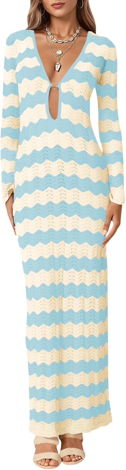 Saodimallsu Womens Crochet Summer Maxi Dress Striped Sexy Cut Out V Neck Long Sleeve Knit Cover Up Beach Dresses
