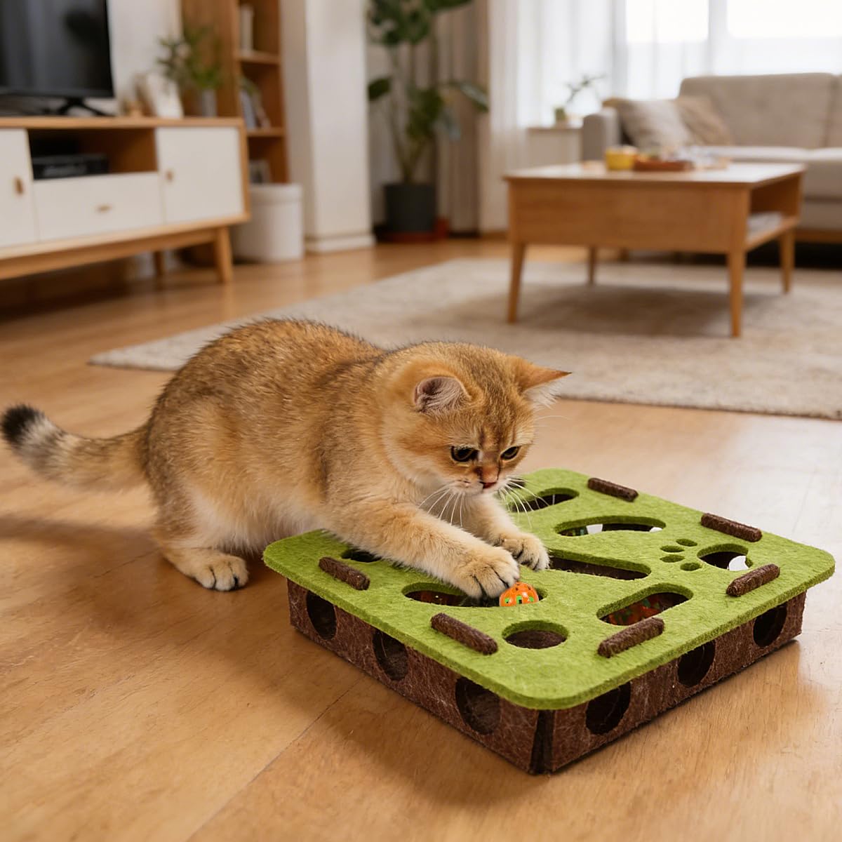 Labyrinthe Jouet en Feutre pour Chat Vert/Marron - 30 x 30 x 7 cm avec 3 Boules Cloches Boîte à gratter Puzzle interactif en Feutre Fenêtre Interactive pour Chats et Chatons