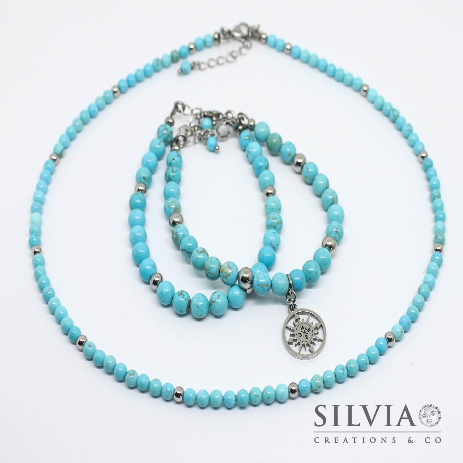 Collana Uomo con Perle di Turchese 4 mm e Perle Acciaio