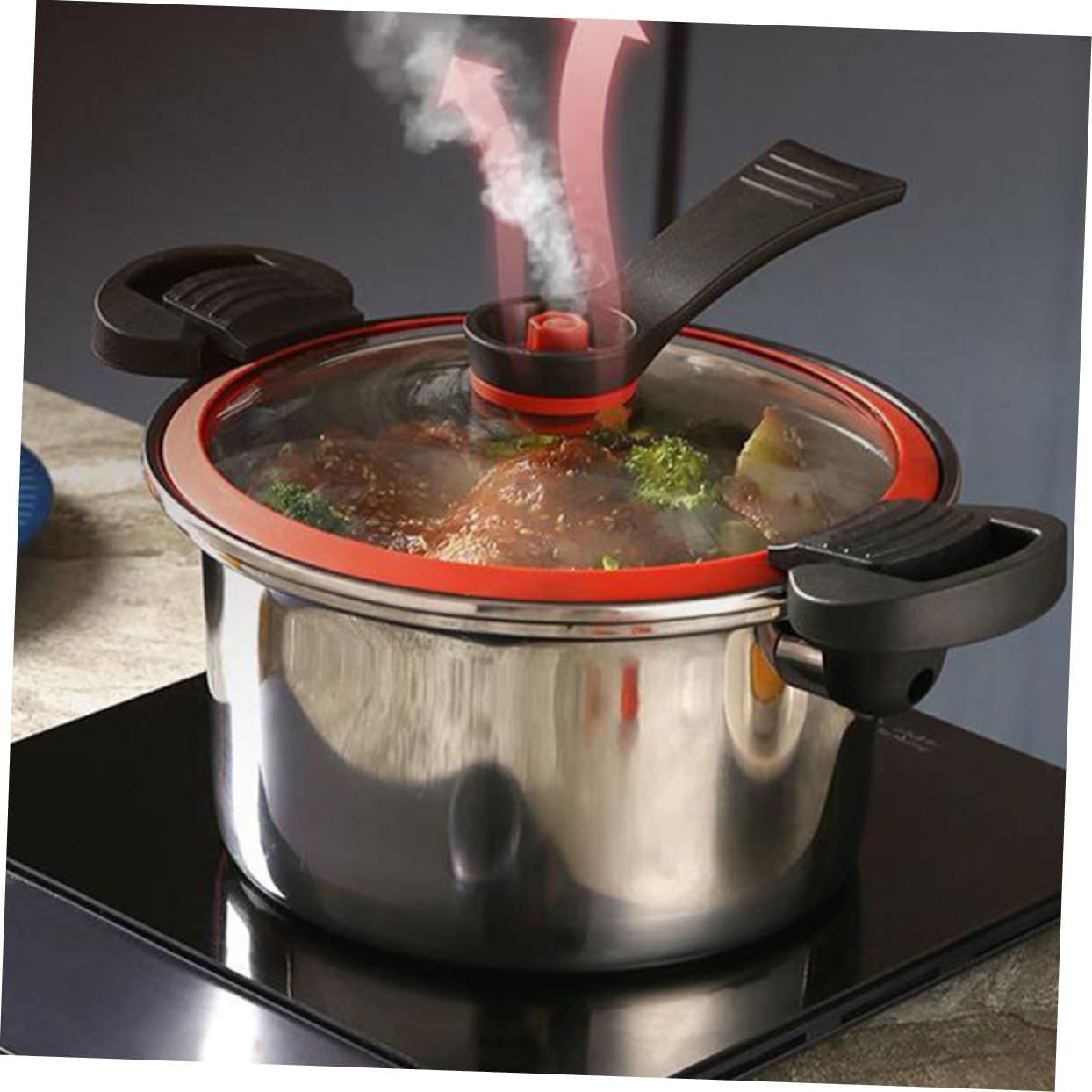 Sosoport Nonstick Micro Pressure Cooker Stainless Steel Low Pressure Cooking Pot Double Handle Portable Household Soup Pot for Steaming and Slow Cooking