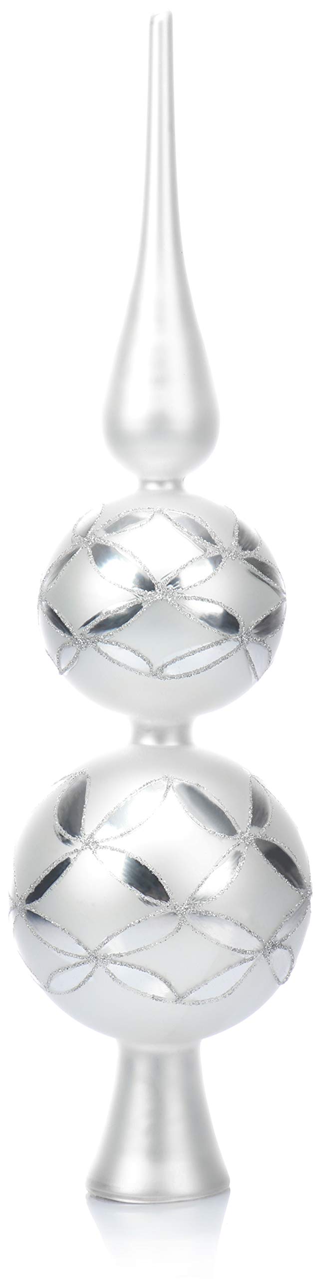 Dessus de sapin de Noël en verre véritable blanc mat et argent COM-FOUR 38 cm