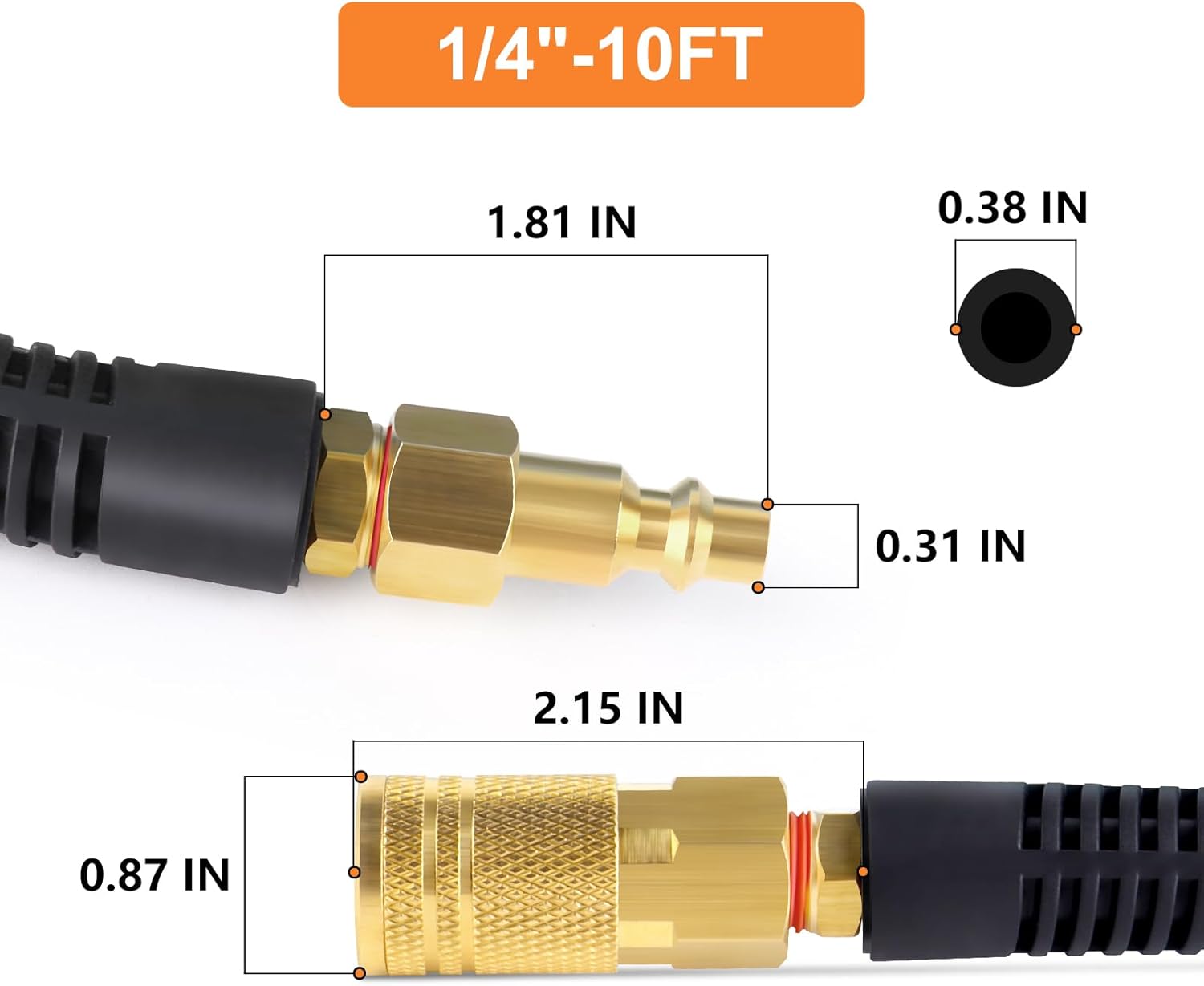 GASHER Black 1/4" x 10FT Polyurethane Recoil Air Hose with Bend Restrictor, 1/4" Industrial Quick Coupler and Plug