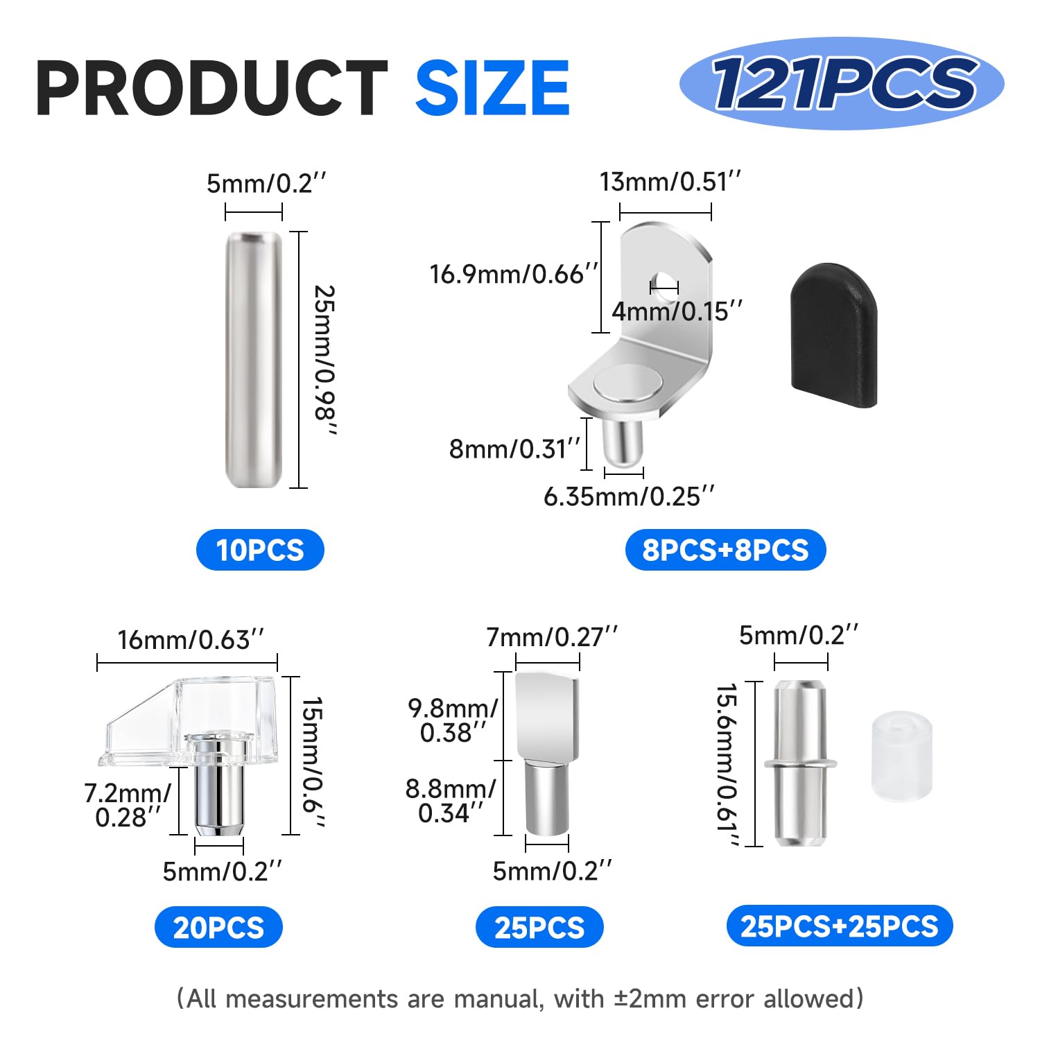 121PCS Cabinet Shelf Support Pegs Kit 5 Styles Pins for Wood Shelving Nickel Plated Shelf Holders Peg for Shelves (5mm 6.35mm) YY029-Kit — Amazon image 2
