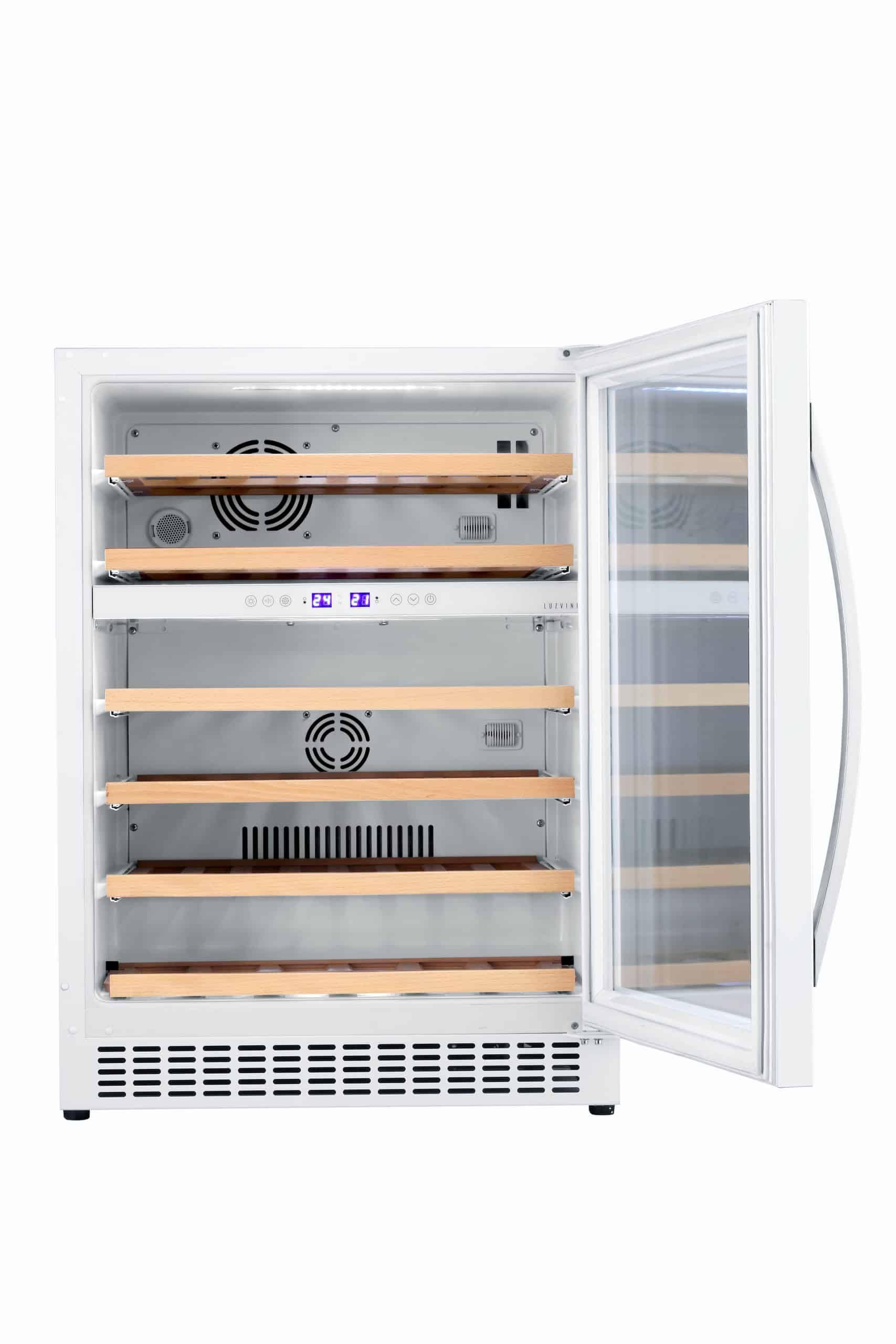 LV45W Weißer Einbau-Weinklimaschrank - Weinkühlschrank mit 2 Zonen - 45 Flaschen, geringer Energieverbrauch 116 kWh, Kompressorkühlung und 6 ausschiebbare Auflageflächen aus Buchenholz