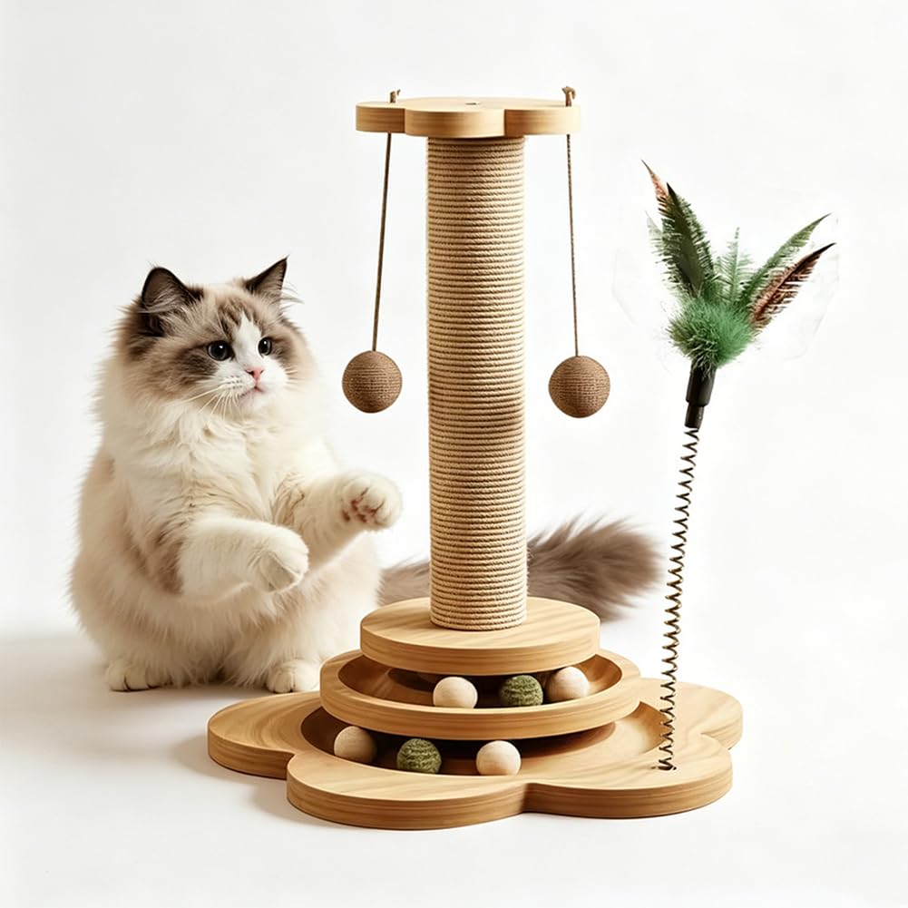 Tiragraffi per Gatti Legno con Gioco a 2 Livelli, Albero 4 in 1 in Sisal Naturale, Torre Interattiva Pista di Palline, Piuma e Erba Gatta, Design Stabile Salvaspazio per Kitten e Adulti (28 * 40cm)