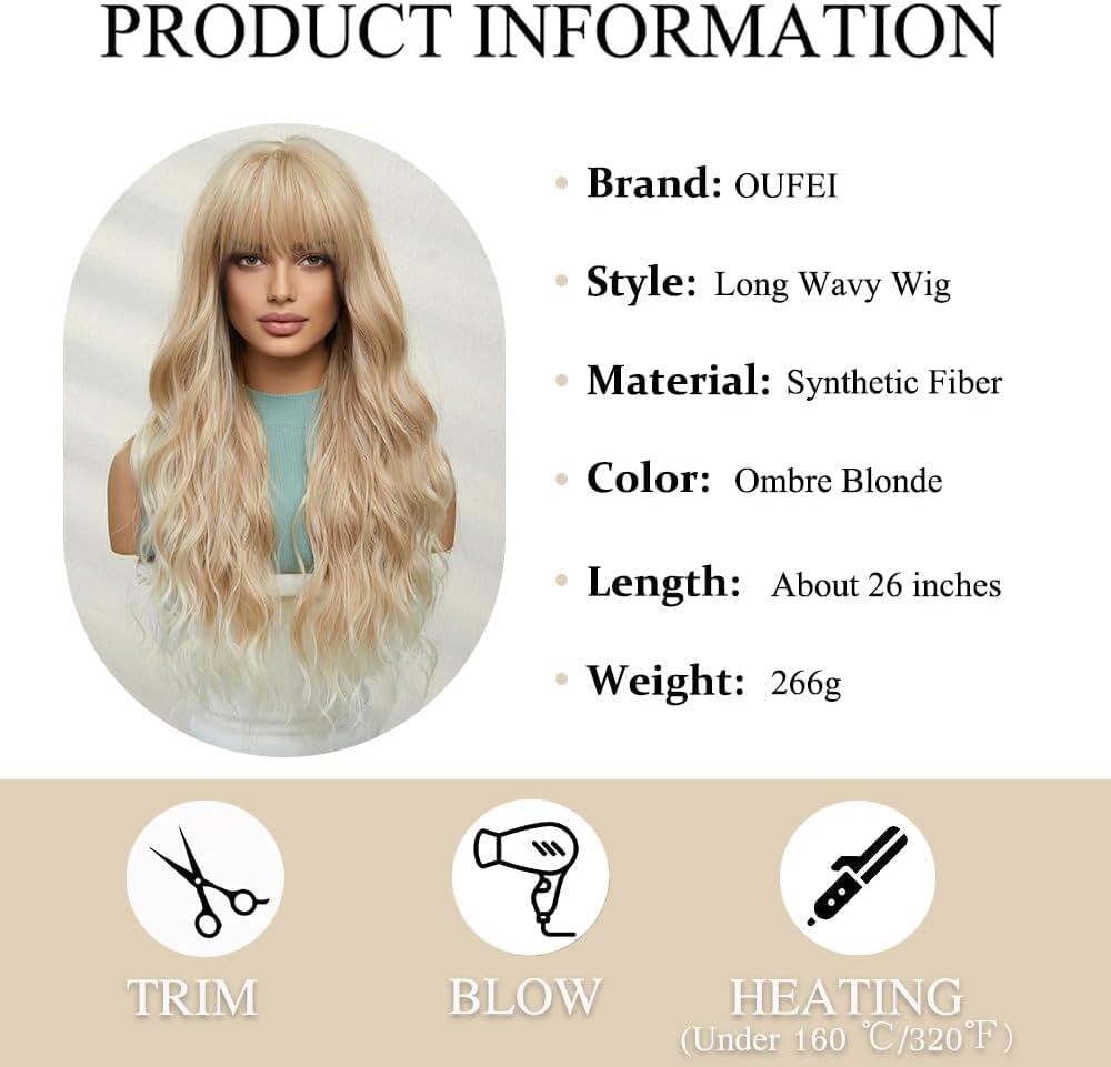 OUFEI Long Blonde Wig With Bangs Natural Wavy Wigs for Women Natural Synthetic Hair Heat Resistant Wigs for Daily Party Cosplay Wear - Image 2