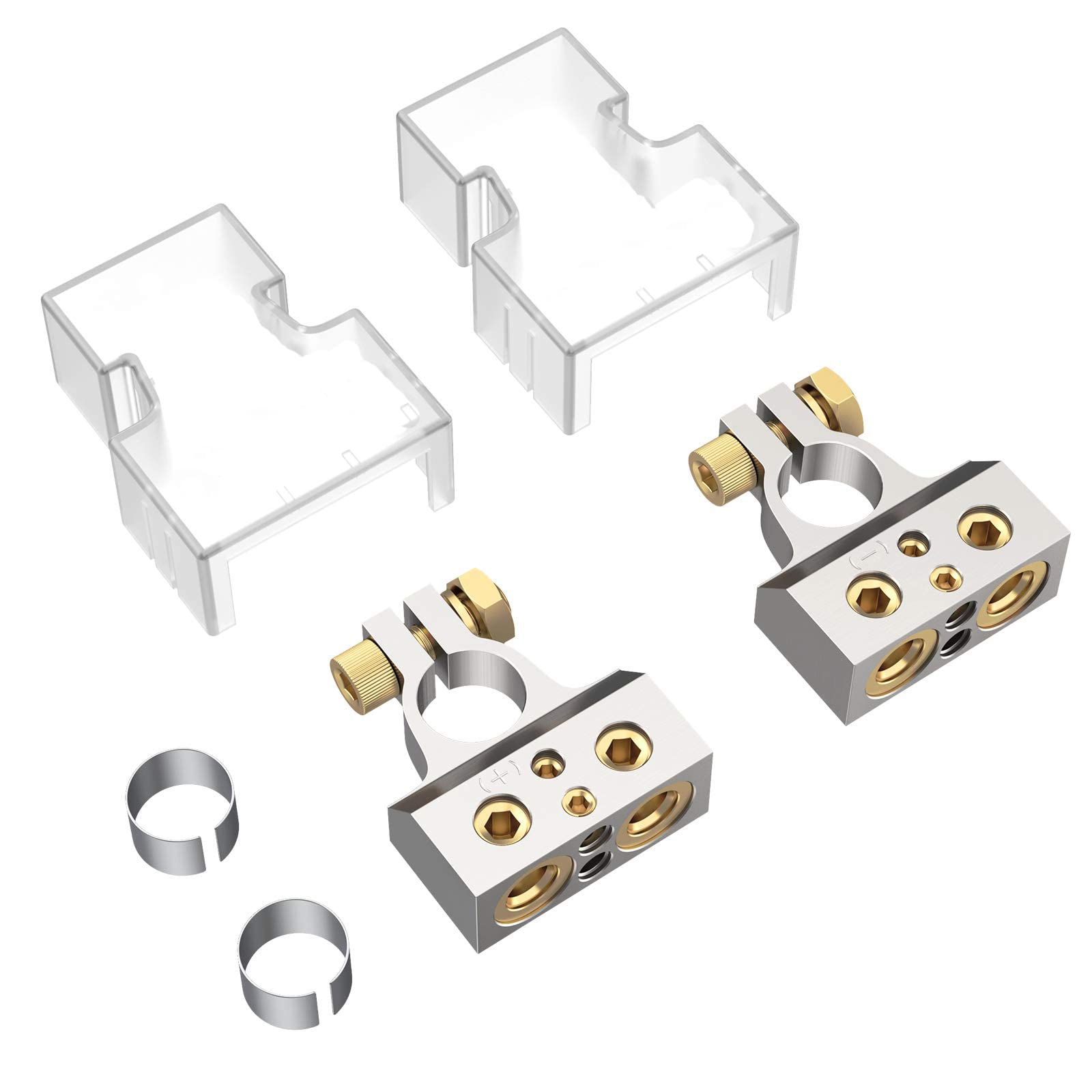 MAKINGTEC Battery Terminals Connector, 0/2/4/6/8/10 Gauge Heavy Duty Top Post AMP Car Terminal Positive Negative Ends With Spacer Shims Clear Covers for Audio Marine Boat (1 Pair)