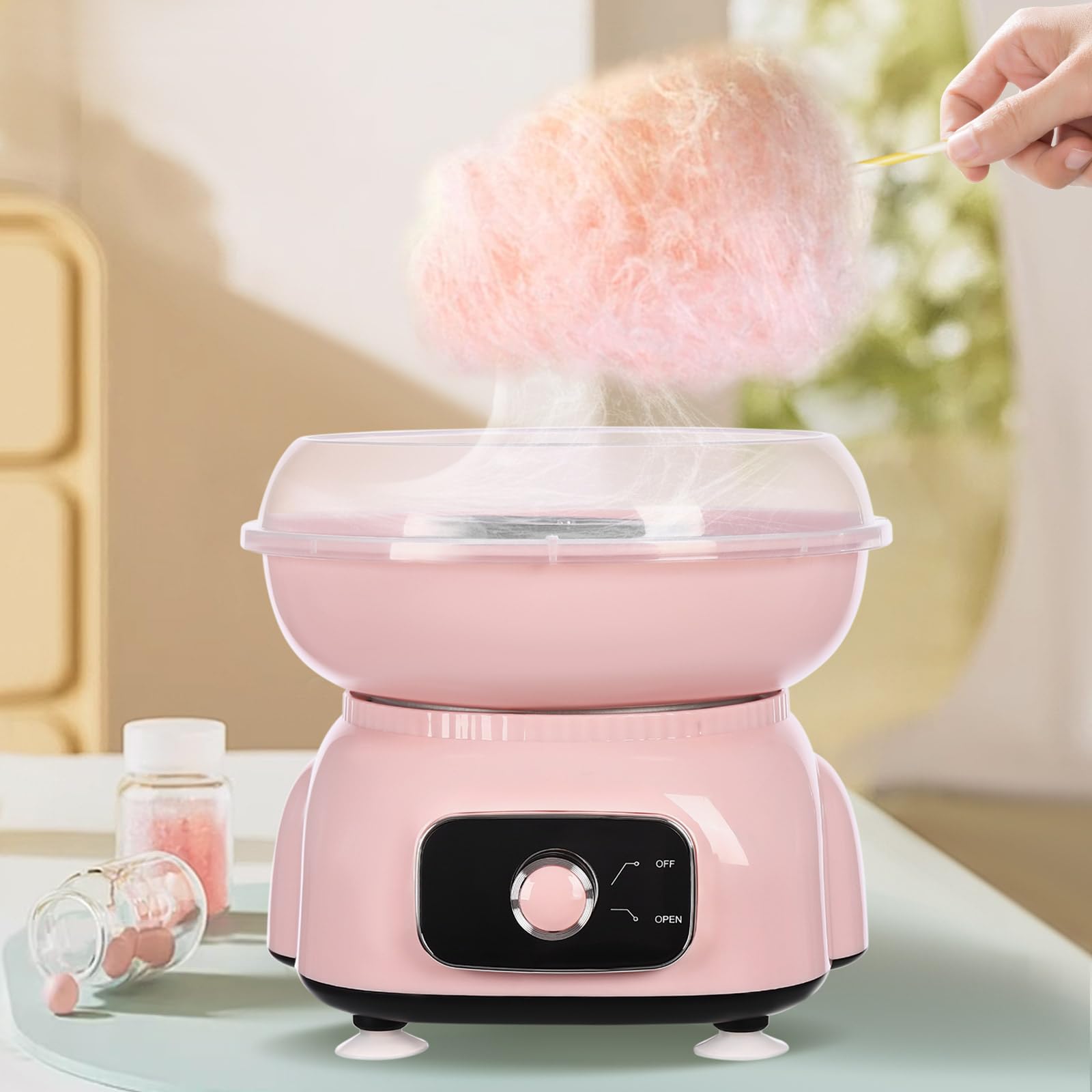Máquina eléctrica de algodón de azúcar 1850 rpm, 500 W, de acero inoxidable apto para alimentos, máquina de algodón de azúcar comercial con tapa, perfecta para celebraciones familiares, fiestas (rosa)