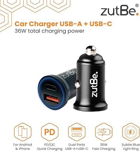 Miniatura 4 de zutBe USB-C PD y USB-A QC 3.0, cargador de coche compacto de metal de 36 W para iPhone 16 15 14 13 12 11 X iPad Pro Pixel Samsung Galaxy y más [sé