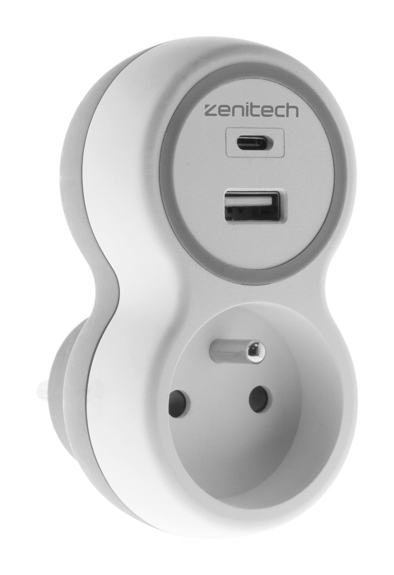 Zenitech - Prise 16A + 2 ports USB A/​C - Blanc et Gris - Bolea
