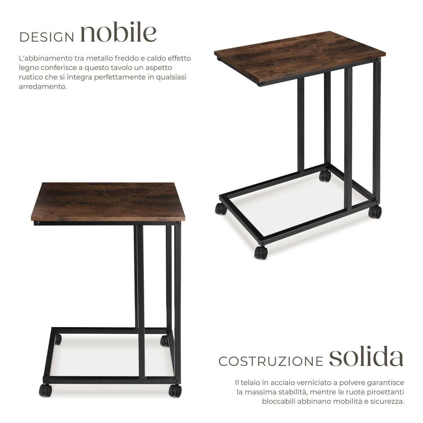 tectake® Tavolino Salotto 48x35x70cm, Tavolino da Divano o Letto, 4 Rotelle, Tavolinetto Divano, Salotto, Camera per Libri, Laptop, Piante, Snack e Bevande, Casa, Ufficio - Legno Industriale Scuro