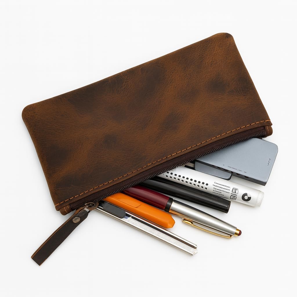 Leather Pencil Pouch, Currency Pouch, Leather Pencil Case, Zippered Pouch Paper Money, Pen Case, Pen & Marker Case, Pencil Case For Artists & Professionals (Brown) - Image 7
