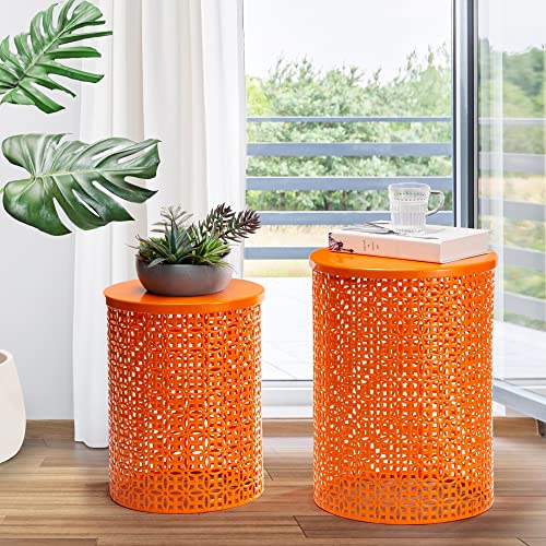 Glitzhome Nesting Side Table Set Of 2 Decorative Garden Stools For Indoor Outdoor Heavy Duty Metal Frame Side Table Modern End Table, Glossy Orange #TOP5