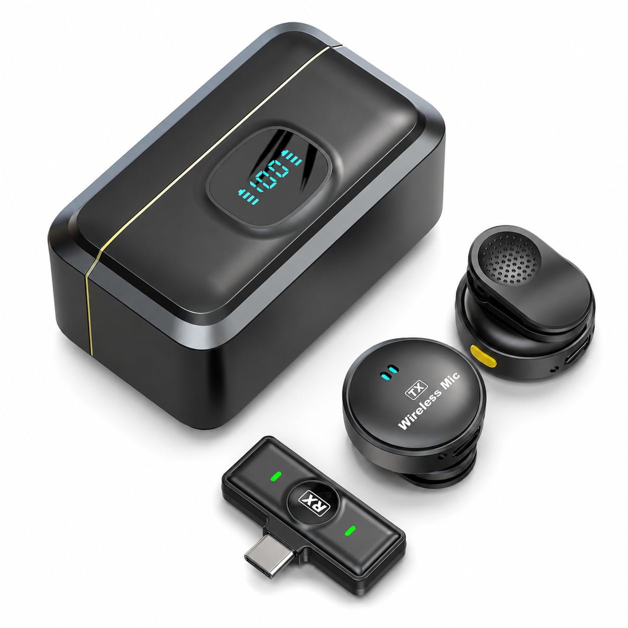 Lapela Microfone Sem Fio Wireless - Kit 2 Microfones Receptor Tipo-C Estojo Recarregável