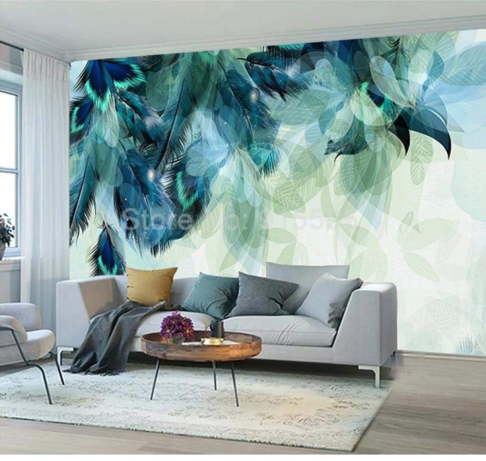 Papier peint plume bleue 3D pour agrandir un grand mur de salon sombre