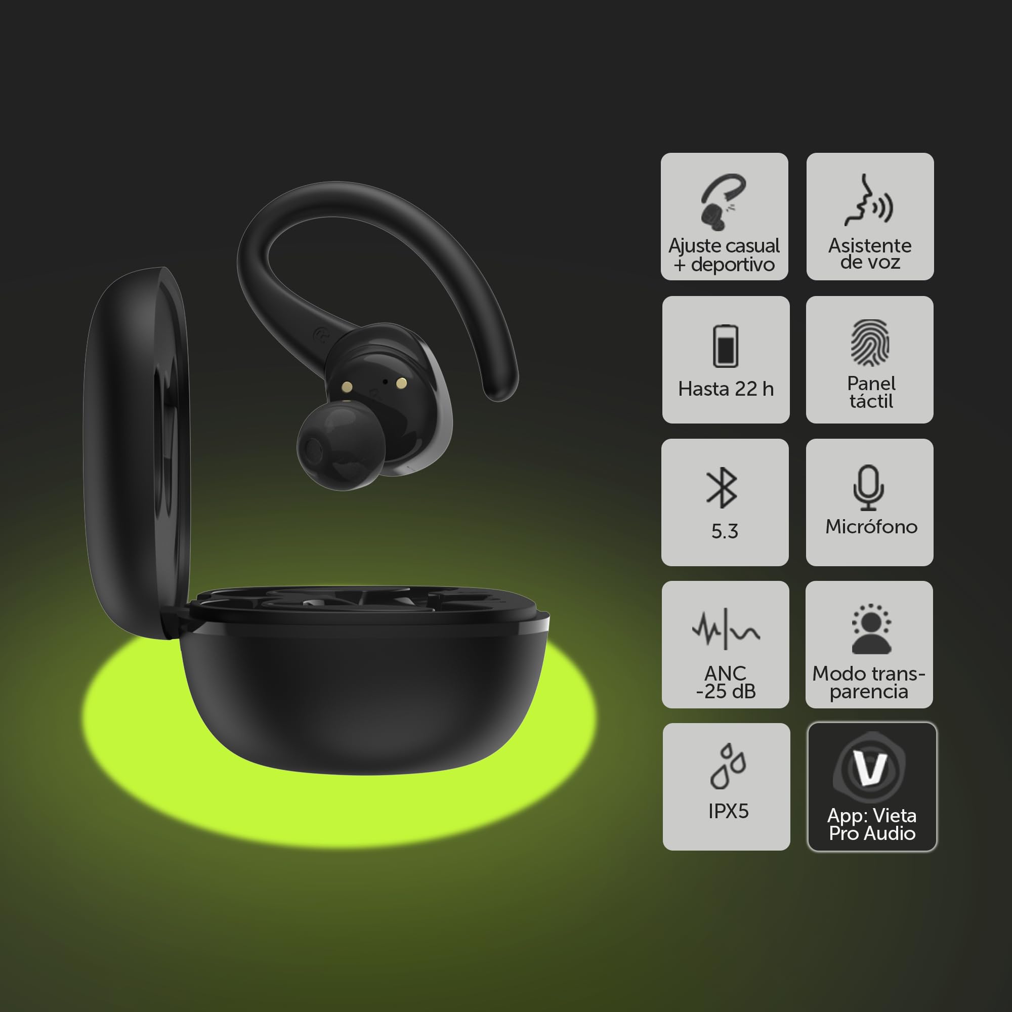 Vieta Pro Auriculares Deportivos con Cancelación de Ruido Bluetooth 5.3, Autonomía 22h, Resistencia al Agua IPX5 - Match 4